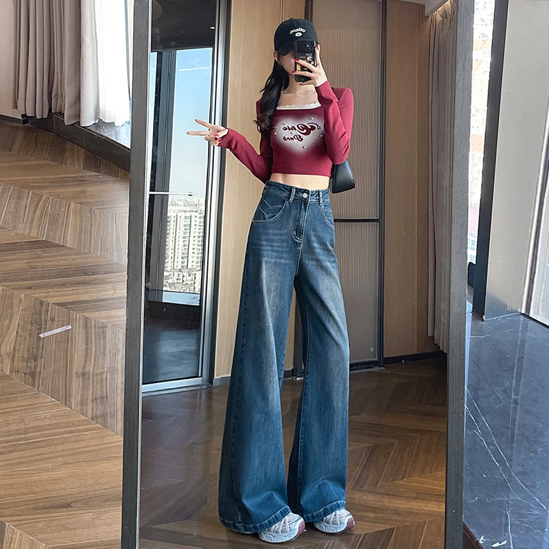 新款春季复古蓝弹力阔腿宽松高腰显瘦小个子牛仔裤女2388