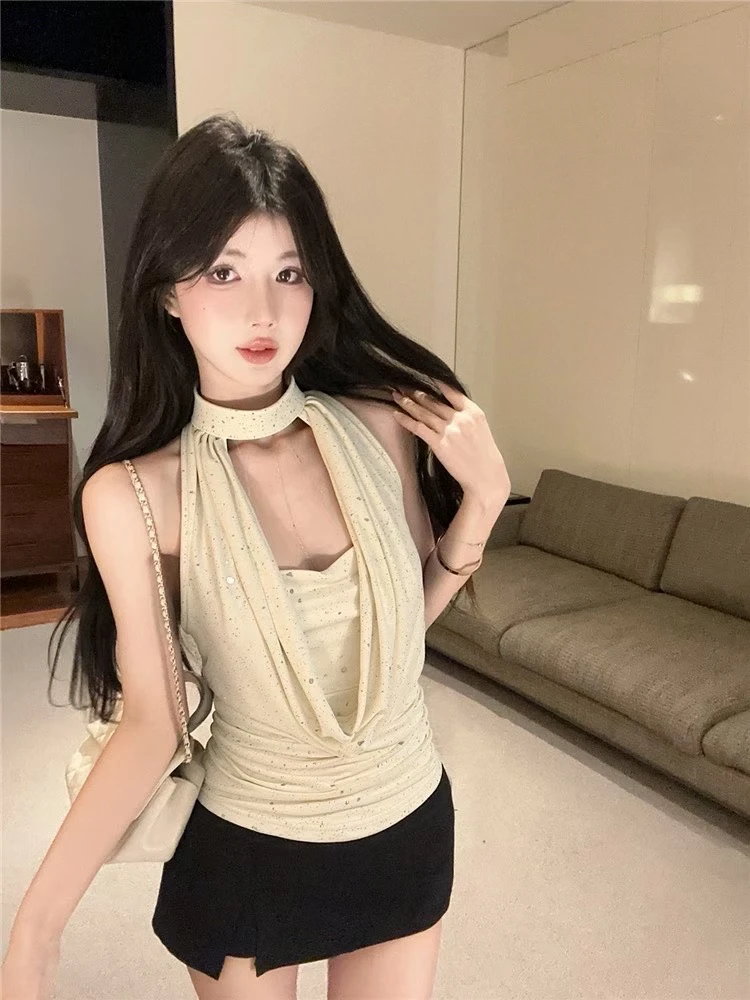 氛围感镂空挂脖荡领烫钻背心女2025夏季纯欲辣妹修身显瘦网纱上衣