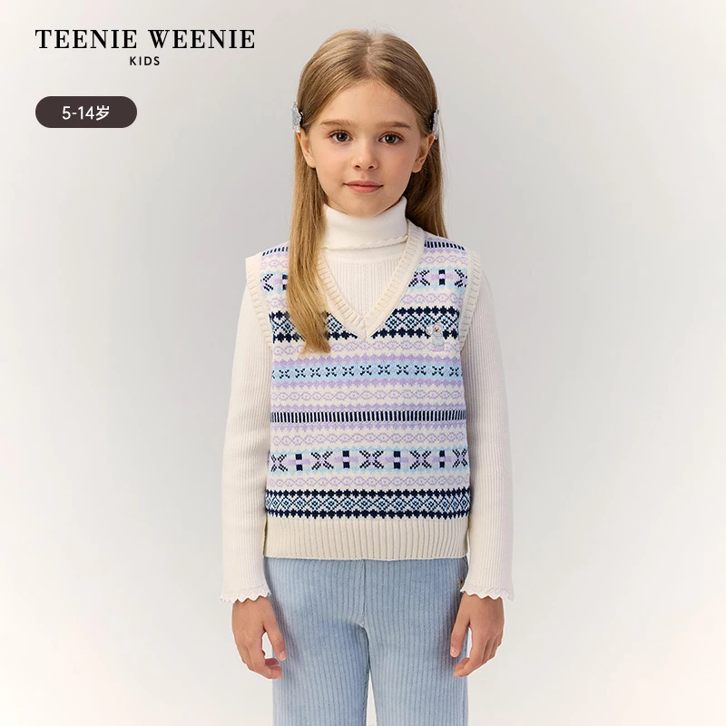 TeenieWeenieKids25年秋冬款女童V领背心马甲提花毛衣TKVK254T51B