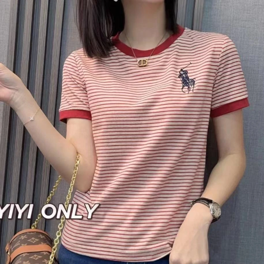 安格拉红「重工·刺绣」条纹短袖新款气质减龄宽松显瘦洋气上衣25014