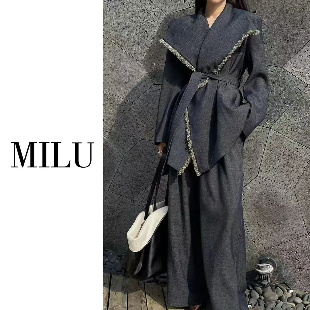 2025春款韩版轻奢毛边垫肩外套阔腿裤时尚套装