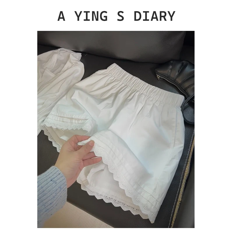 蕾丝花边拼接阔腿短裤女夏季新款a字版百搭居家外穿松紧腰休闲裤s