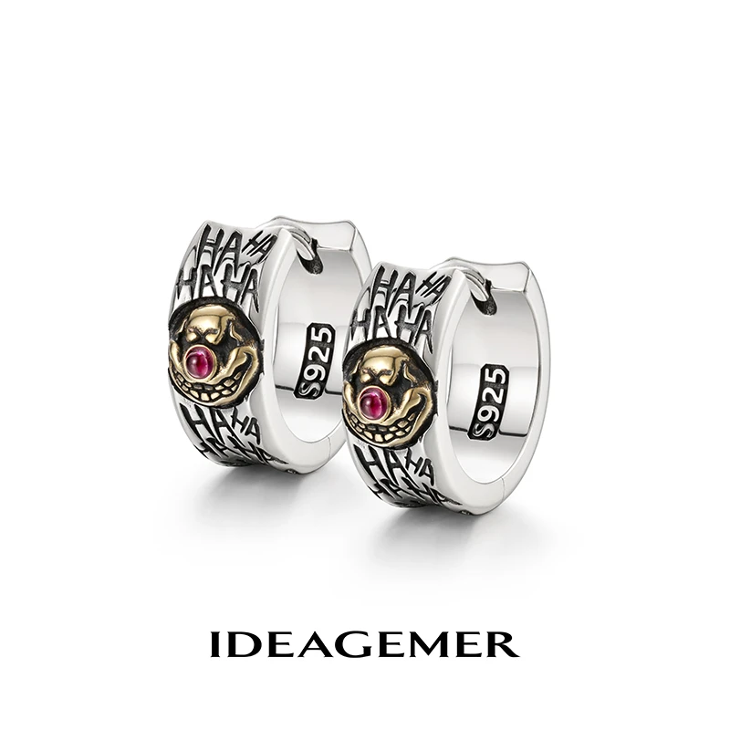 ideagemer 925银耳饰 微笑小丑男潮流小众复古嘻哈耳圈痞帅耳钉锆