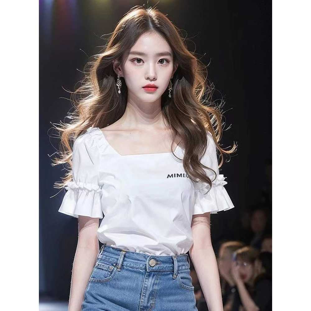 白色荷叶边方领短袖衬衫女夏季2025新款法式绝美别致独特上衣小衫