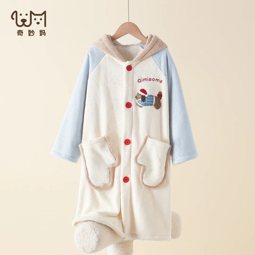 儿童睡袍男童浴袍可穿式保暖加厚女童腊肠狗睡袍秋冬款居家睡衣