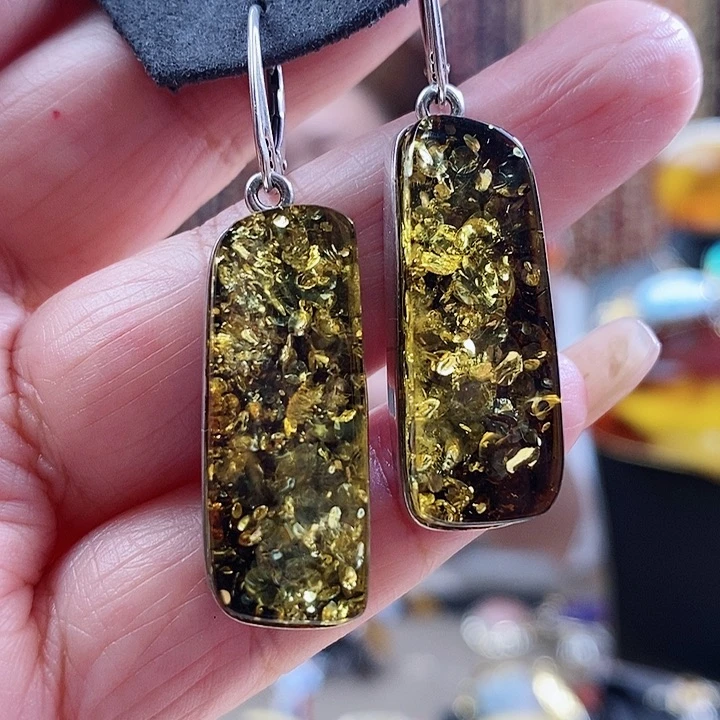 琥珀银S925镶嵌耳饰耳环