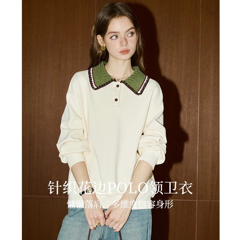 库恩玛维撞色翻领卫衣女2025年早春新款休闲米白色宽松polo领上衣