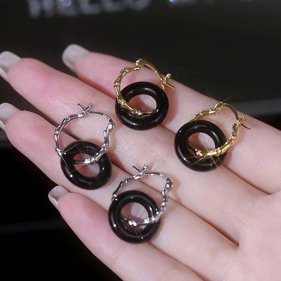 竹节黑玛瑙925银绿玛瑙耳环女耳扣简约设计时尚古风耳饰