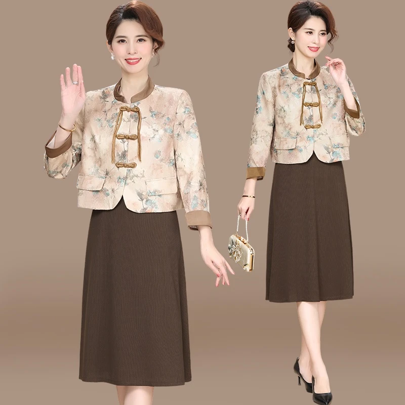 妈妈春装连衣裙套装2025新款中老年女装洋气新中式春秋外套上衣服