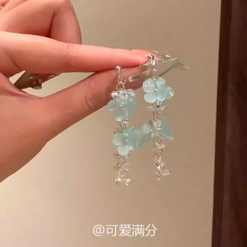 合金耳饰 「琉璃美人」法式冰透蓝色花朵流苏耳钉春夏新款仙女耳饰