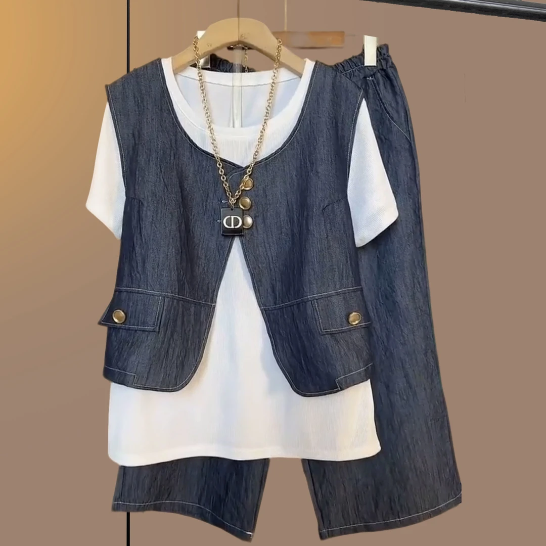 大码女装胖妹妹夏季休闲时尚套装牛仔马甲短袖裤子复古时尚三件套