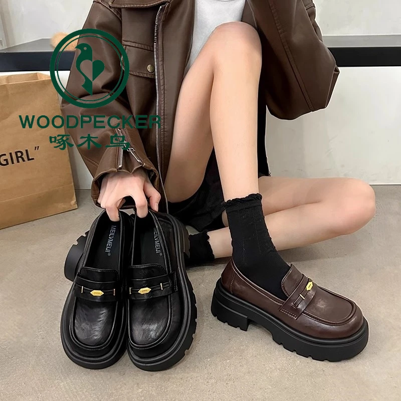 啄木鸟厚底乐福鞋女2025春秋新款一脚蹬高级感百搭英伦风jk小皮鞋