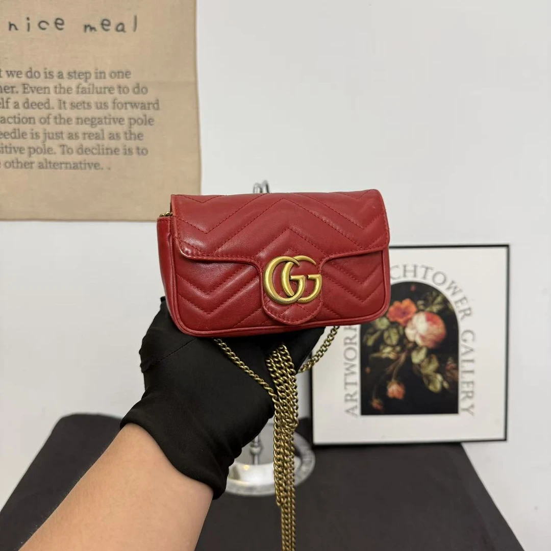 95新 GUCCI/古驰 gucci马蒙红金supermini/斜挎包/古驰单肩包