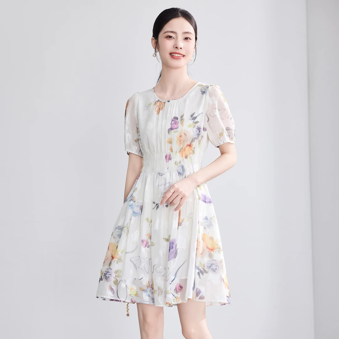 2025夏装新品圆领短袖印花通勤连衣裙夏装时尚优雅裙60291