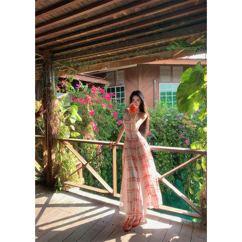 Barb Chill【苏格兰情书】  红色格纹挂脖裙春季新款连衣裙