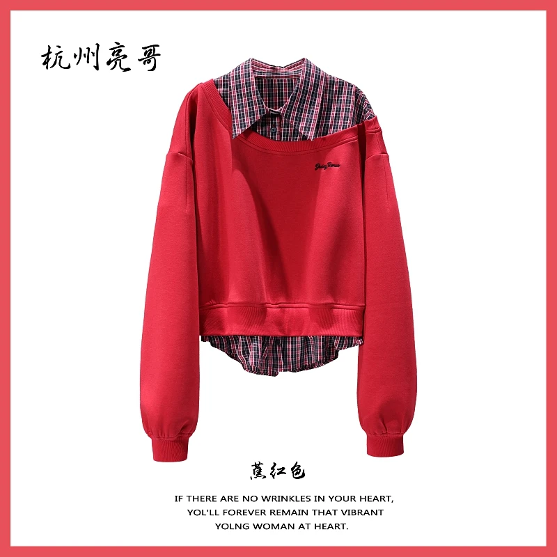【亮哥欧货女装】冬季加厚《胭脂红》拼接衬衣领假两件卫衣26595