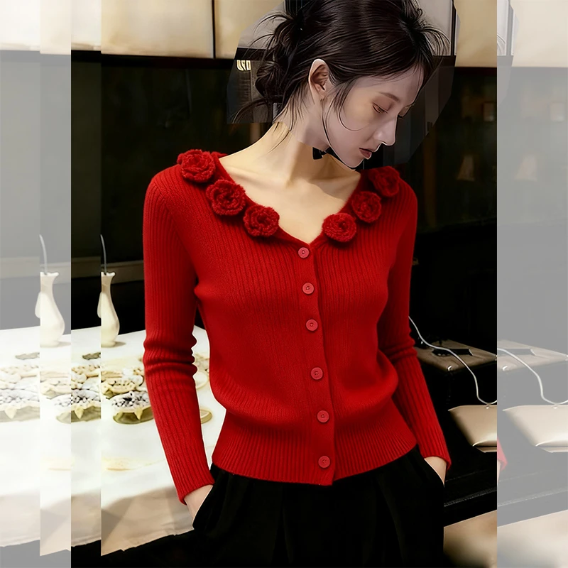 法式气质优雅风立体花朵针织开衫女秋冬新款软糯洋气百搭显瘦上衣