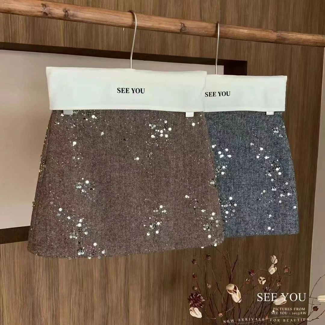 aBL滨莉家【8559】秋冬高腰显瘦百搭亮片防走光毛呢A字半身裙