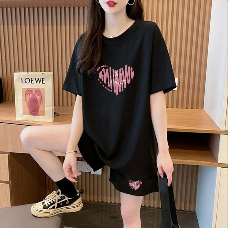 遮肉大码宽松胖mm印花套装女新款夏季运动休闲短裤一整套设计感潮