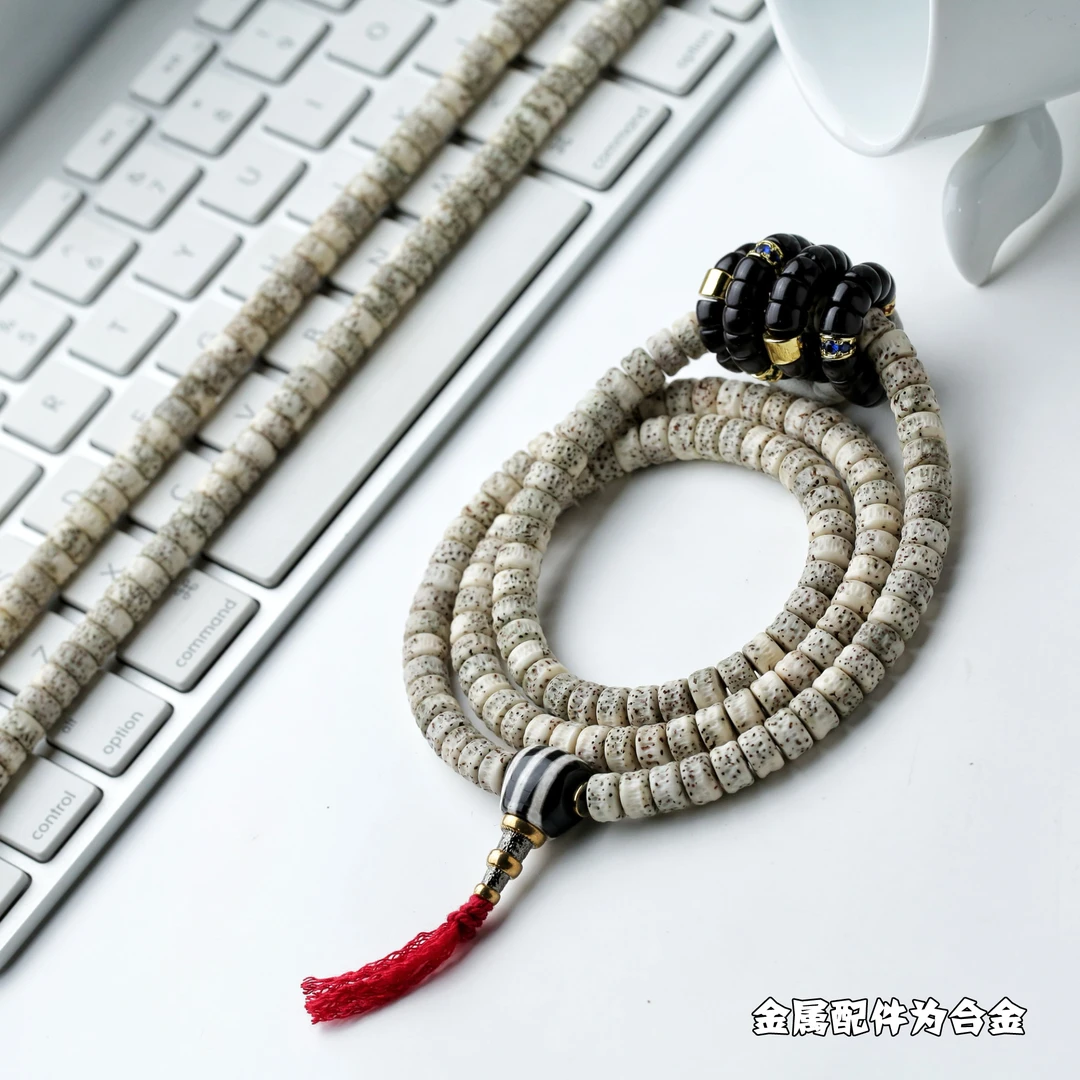 百顺文玩 黑金椰蒂 星月菩提-星嘎长串-轻奢星嘎长串搭玛瑙三通