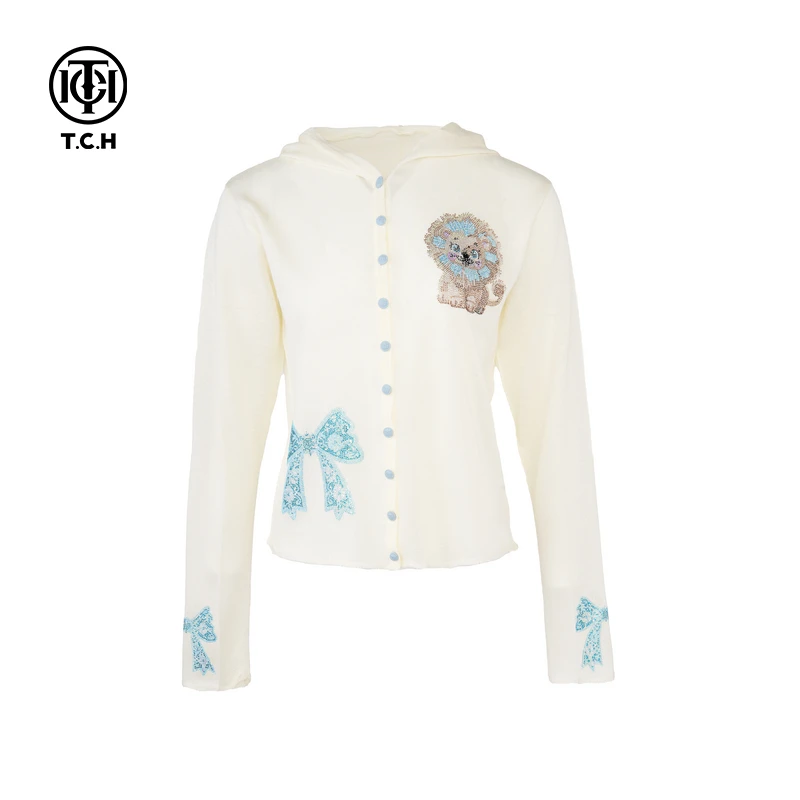 TCH春夏款小狮子蝴蝶结烫钻时尚休闲针织开衫T75A43E5006