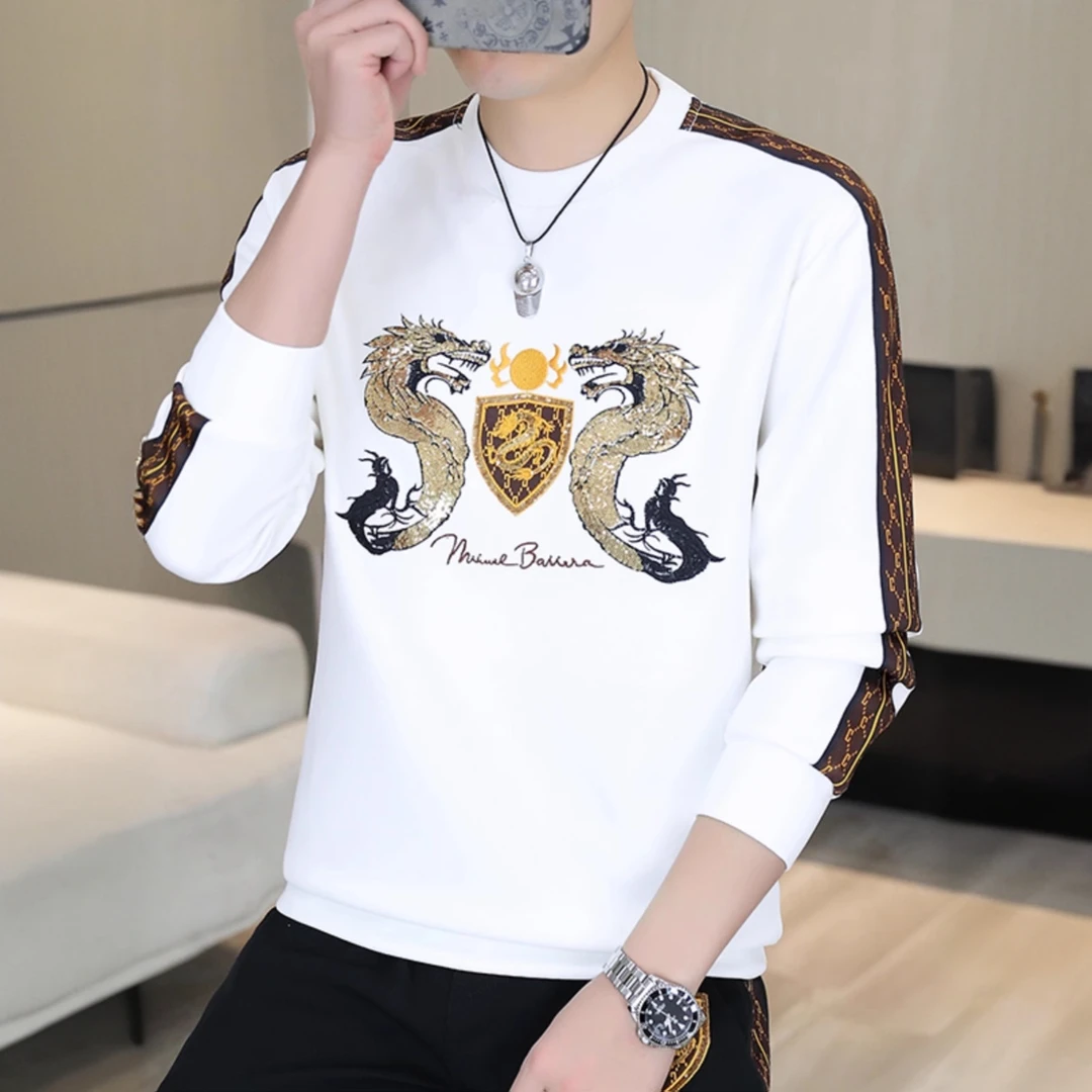 比宾贾瑟长袖卫衣男士春秋季欧洲站上衣打底圆领绣花T恤休闲套装