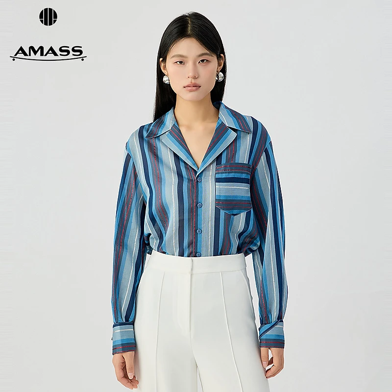 阿玛施AMASS 新款经典V领条纹撞色时髦通勤宽松长袖衬衫女530065