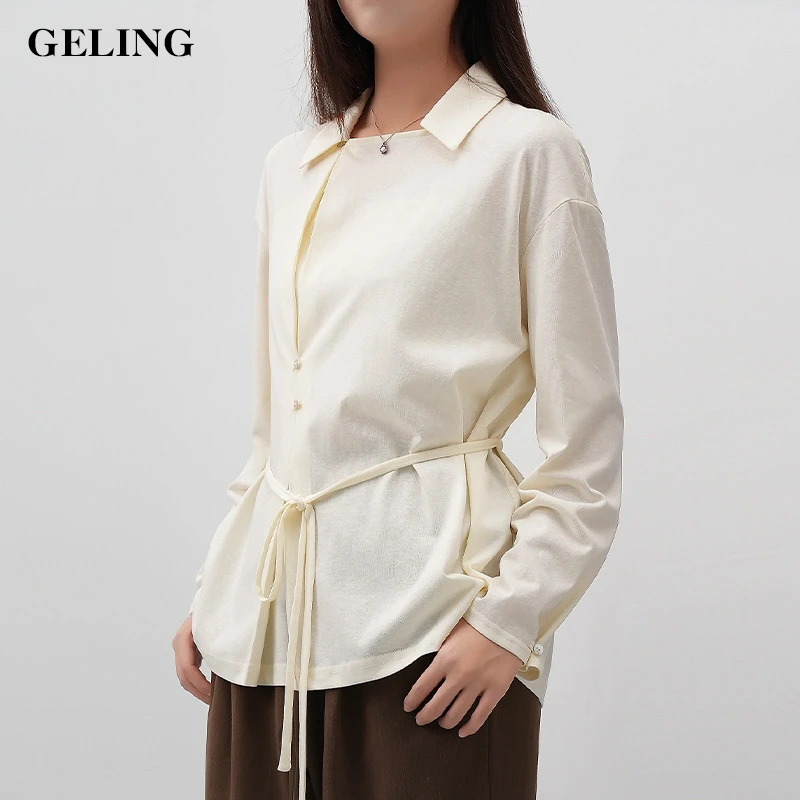GELING/歌&玲新款夏季白色一字翻领系带衬衫时尚休闲长袖G512X84C
