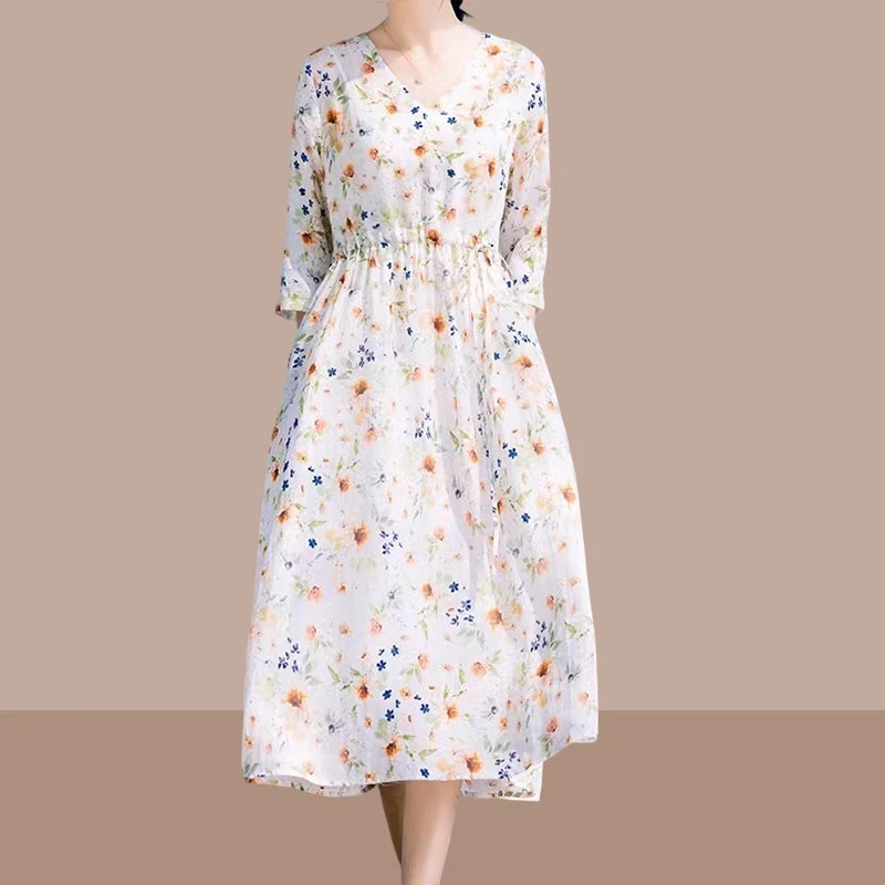 高端V领苎麻连衣裙2025新款春夏优雅气质棉麻碎花设计感小众女装