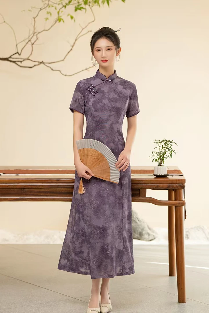 GUXI/故汐印花旗袍夏季常规款文艺常规袖双层针织提花斜襟日常
