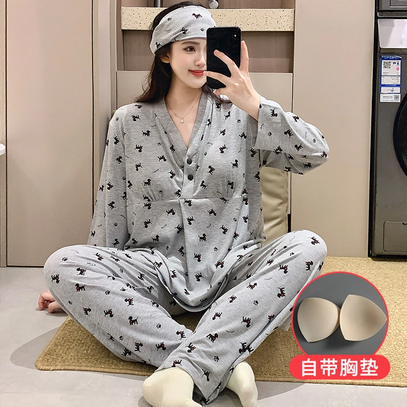 秋季莫代尔月子服带胸垫待产妇哺乳长袖孕妇睡衣夏薄款大码家居服