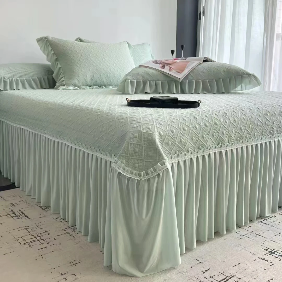 夏季清凉冰豆豆床裙款冰丝凉席可机洗防滑