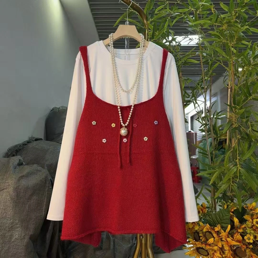 欧货减龄针织吊带上衣红色搭配小衫套装微胖女装洋气时尚新款8715