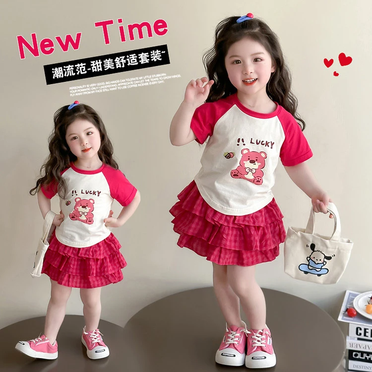 女童草莓熊套装夏季2025新款儿童宝宝夏装洋气短袖蛋糕短裙两件套
