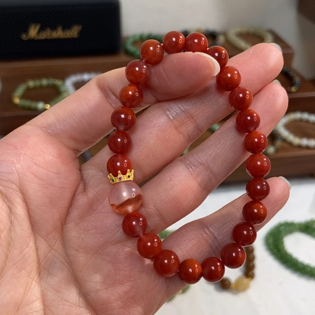 南红玛瑙银S925镶嵌手链福利8mm南红微瑕