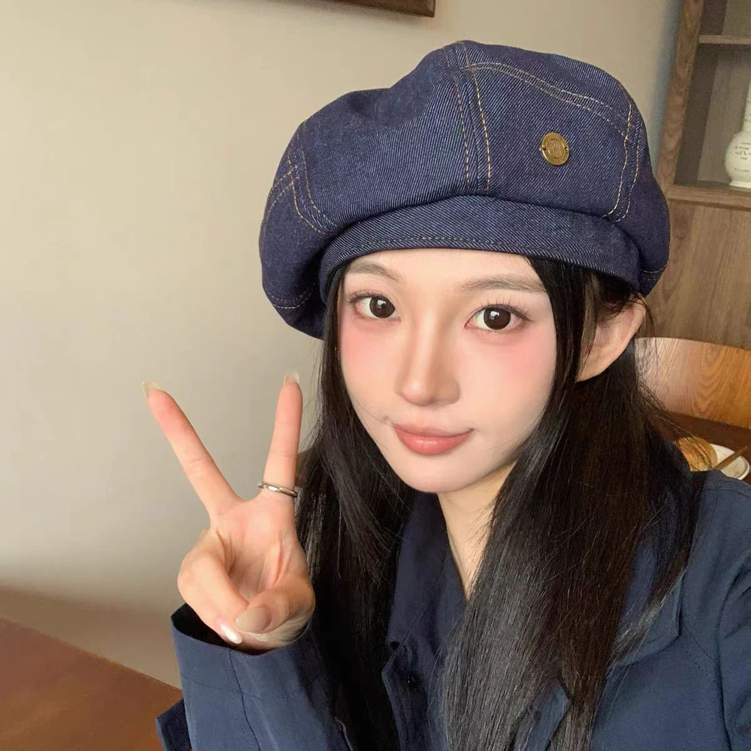 2025新品牛仔南瓜帽女立体版型显脸瘦复古蓝色画家帽子日系贝雷帽