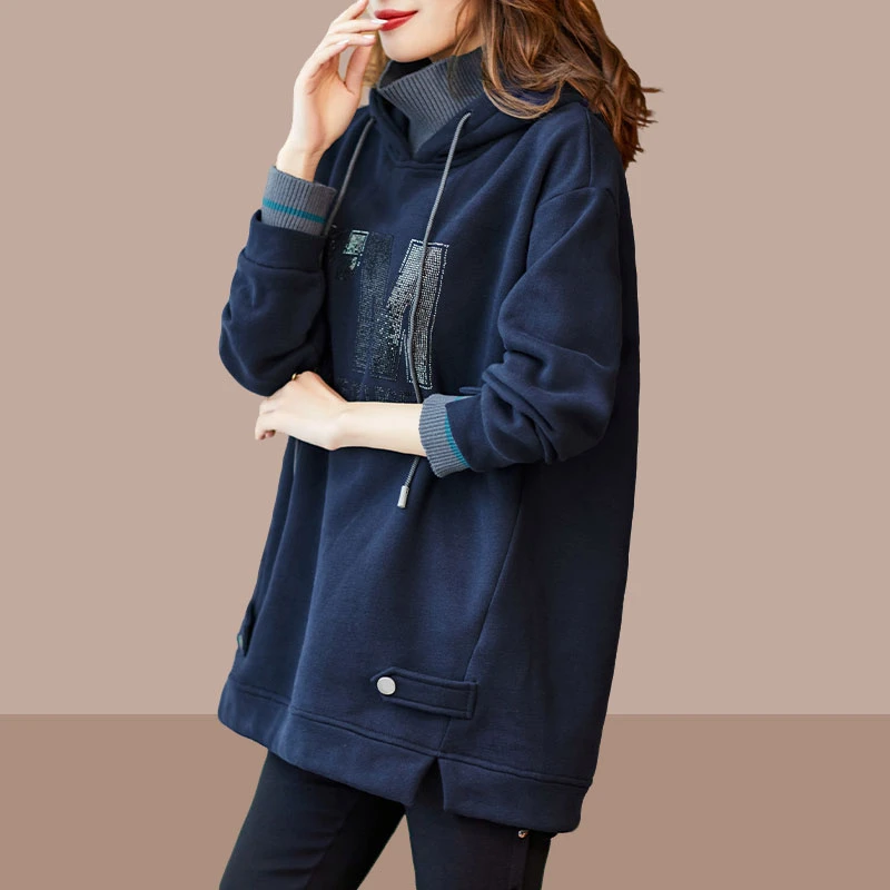 时尚新款欧洲站大码连帽烫钻高领加绒卫衣外套宽松女装冬装新款