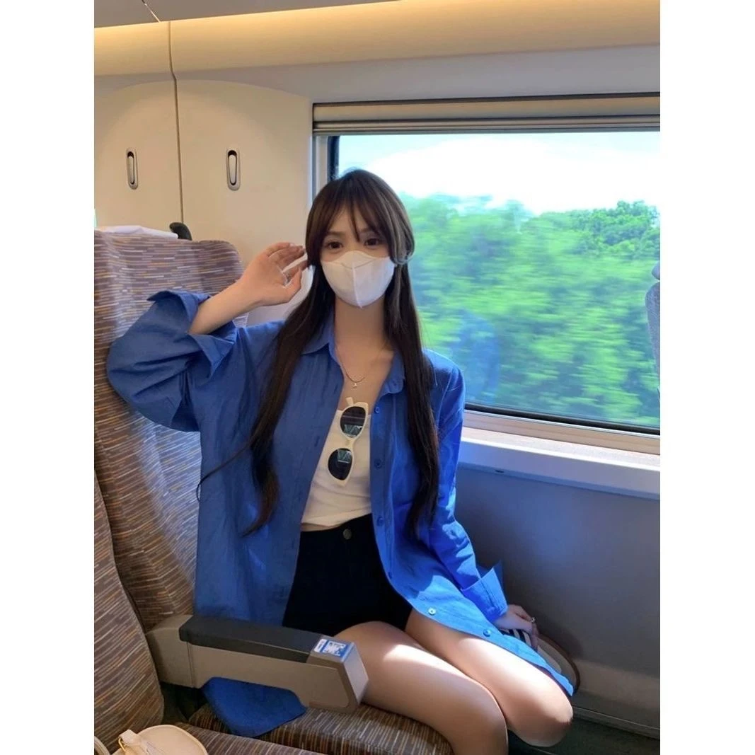 夏季宽松休闲上衣长袖2025新款小马刺绣防晒蓝色衬衫衬衣外套