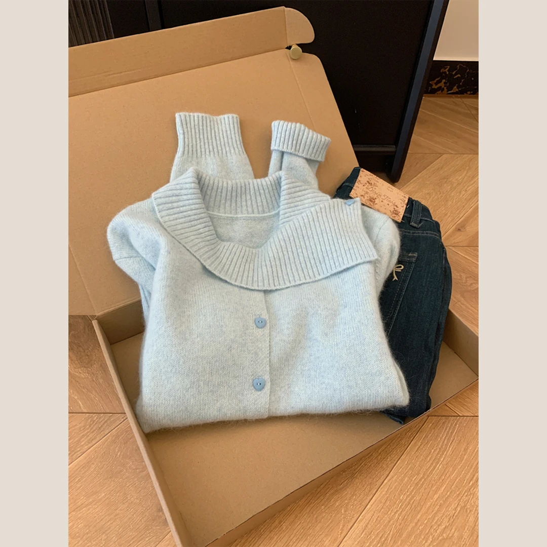 韩版不规则长袖软糯浅蓝色针织开衫2025宽松显瘦简约时尚气质上衣