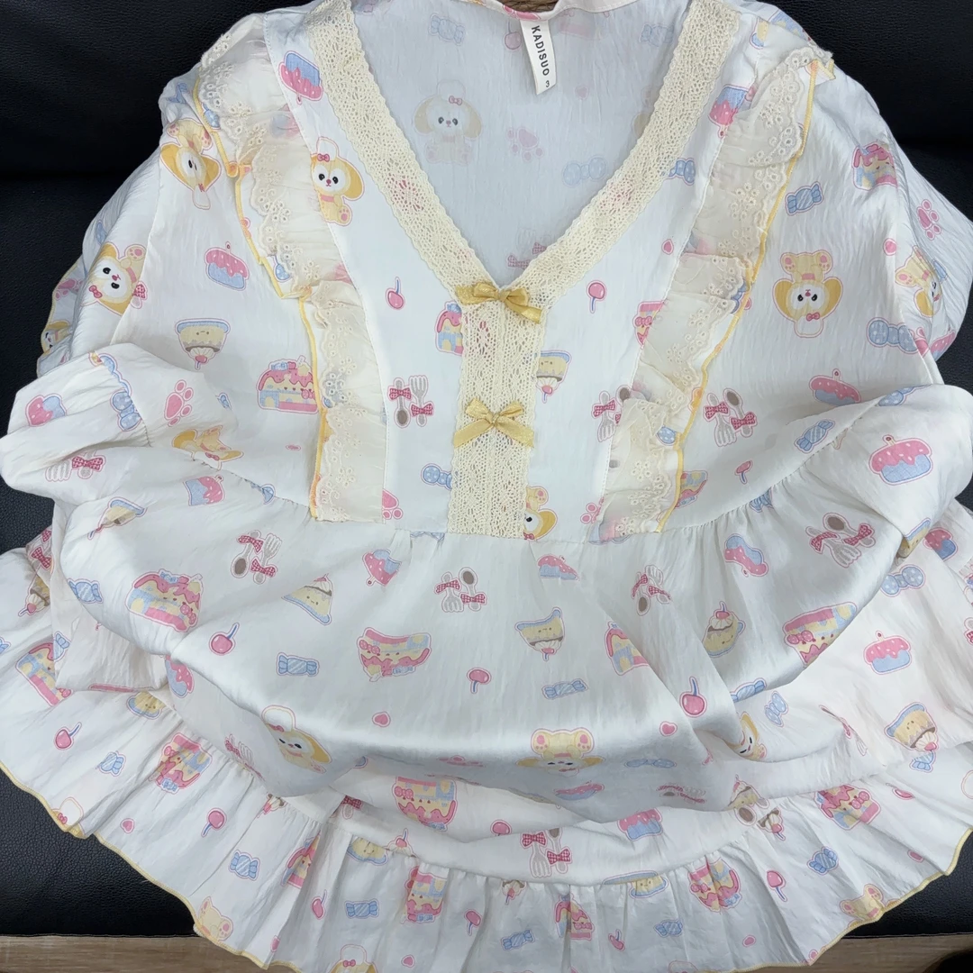 大码睡裙女夏季防凸点蕾丝边V领甜美风卡通饼饼胖MM长款显瘦睡裙