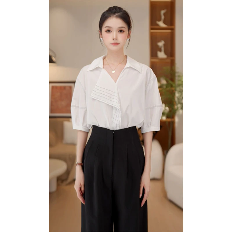 雪er【碎如残雪】夏季新品明线装饰短袖衬衫女宽松上衣WV2026020