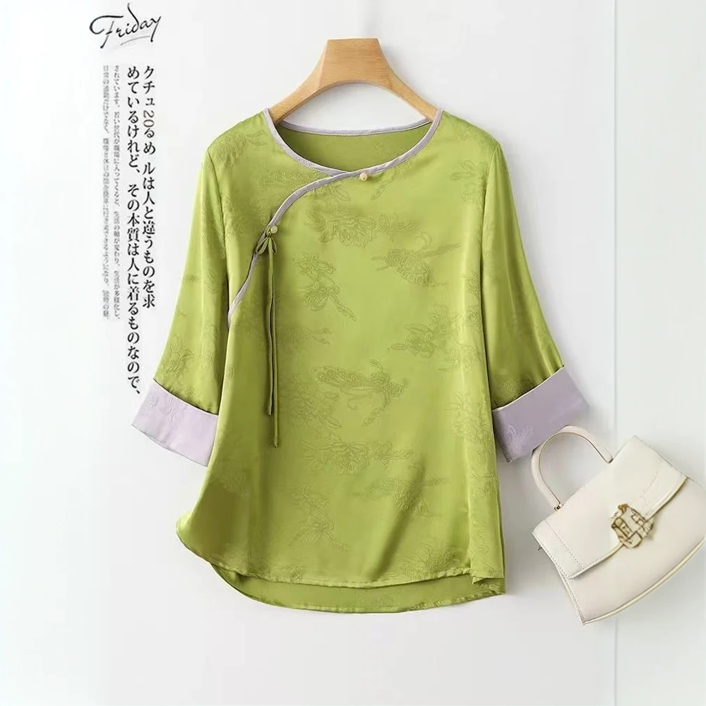新中式（真丝提花绿色小衫）五分袖上衣60衣长