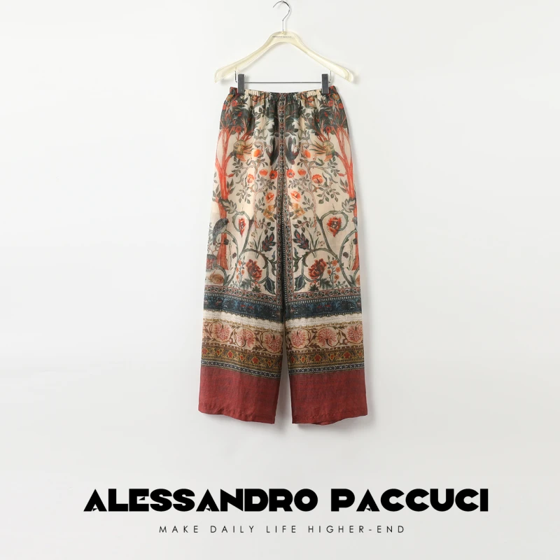 AP洛哥42046kc纯苎麻名族风印花休闲版松紧腰阔版长裤