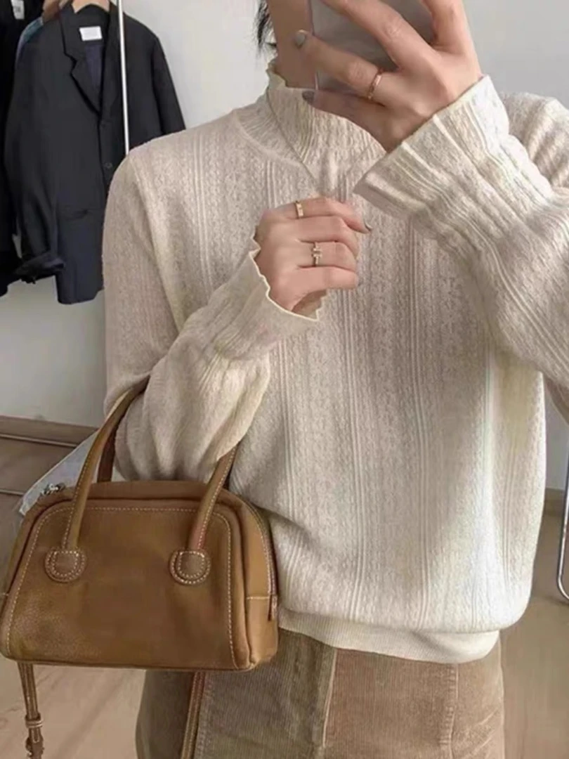 “欧货半高领花边蕾丝”竖条纹针织烧花打底衫