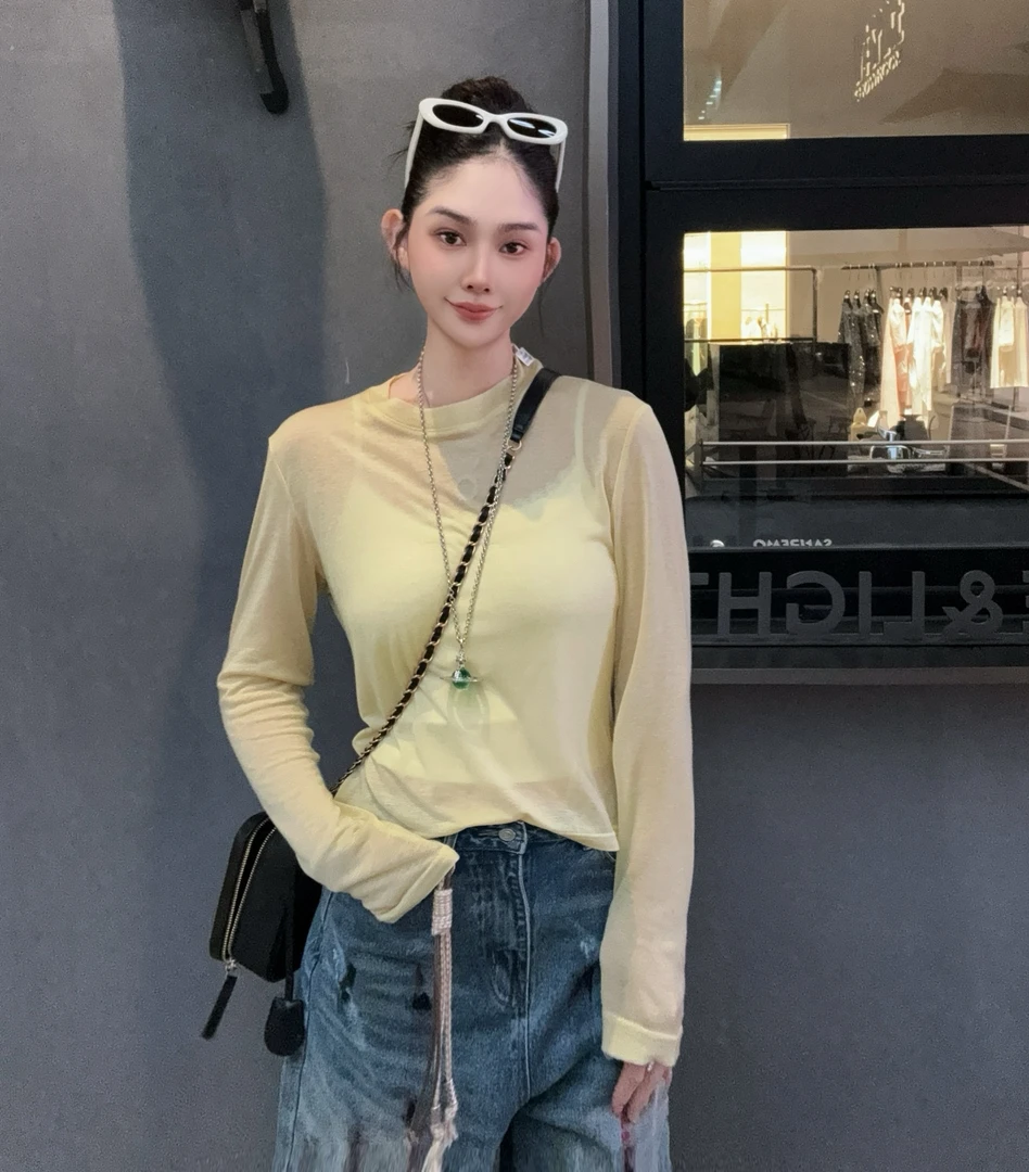 欧洲百搭简约微透长袖T恤打底衫