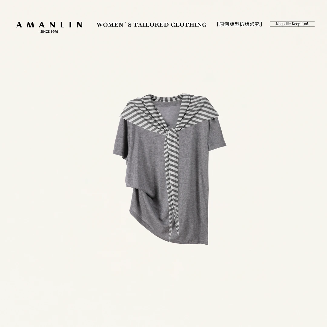 AMANLIN/阿谩琳夏季休闲设计感百搭宽松短袖两件套上衣Y598995