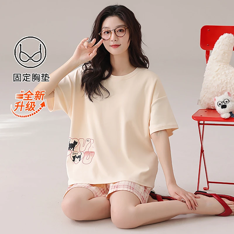 【带胸垫】莉莉家睡衣女士纯棉简约杏色短袖短裤圆领套头夏季家居服