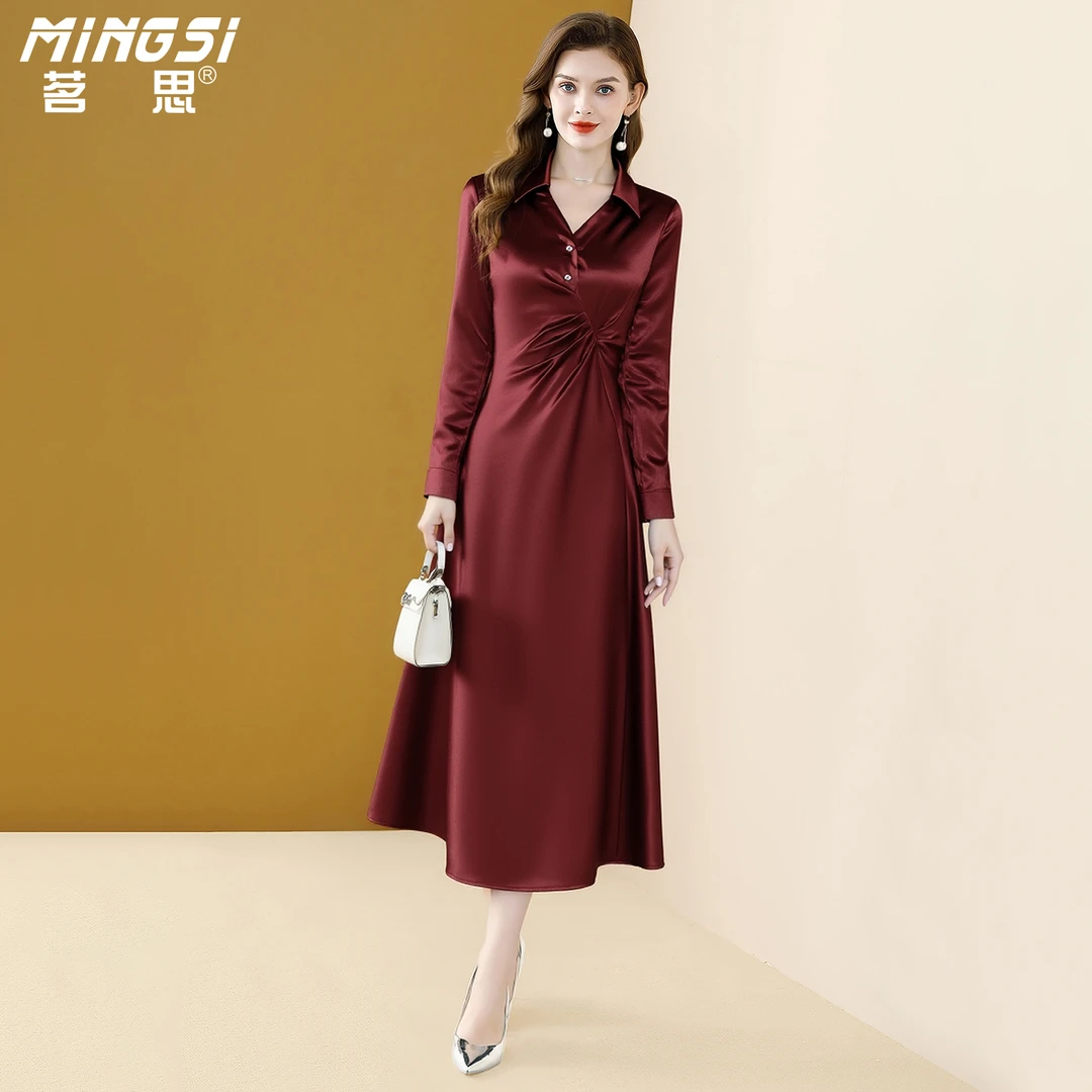 茗思正式场合连衣裙女2025秋冬新款优雅高级红色褶皱收腰显瘦裙子