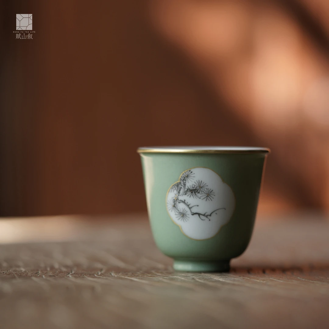 【赋山堂官方】石青松枝主人杯描金景德镇陶瓷中式闻香品茗单茶杯