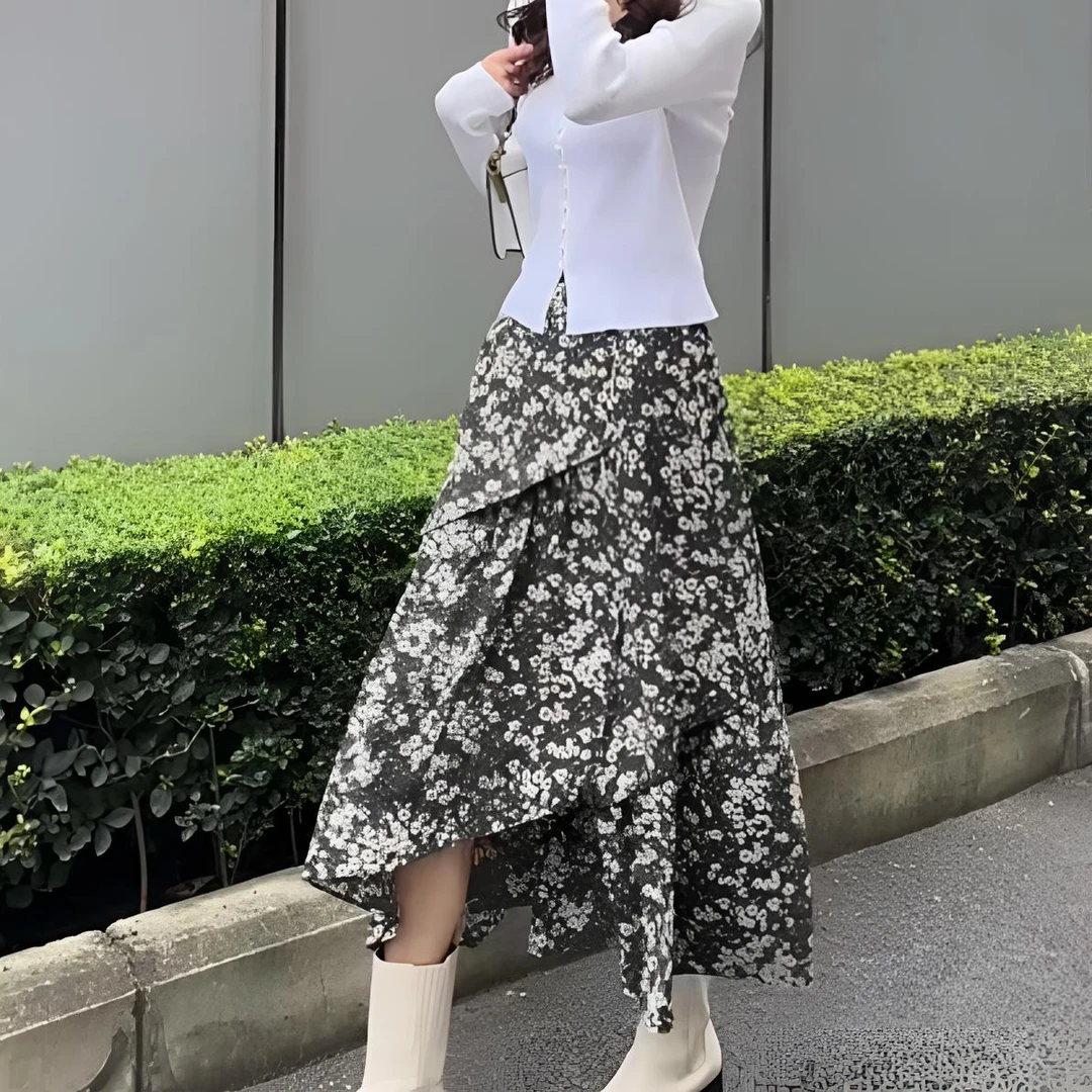 哥弟夏季新款雏菊之夏高腰显瘦百搭碎花搭印花长裙伞裙1200318